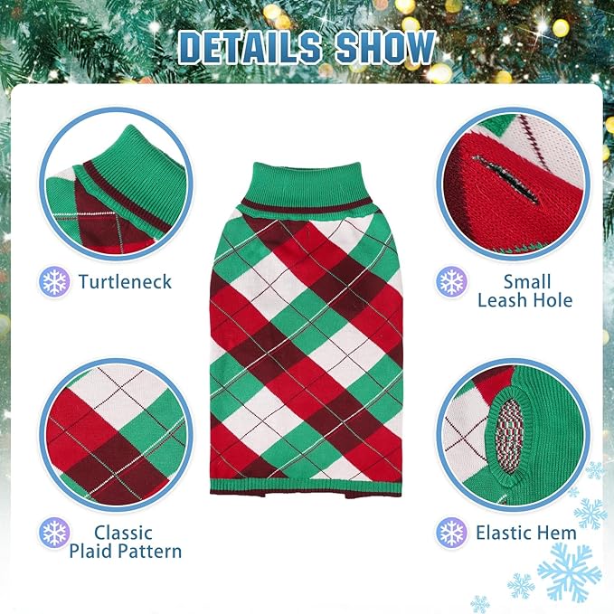 KOOLTAIL Dog Christmas Sweater Pet Knitted Clothes - Classic Plaid Pull Over Turtleneck Dog Sweaters with Leash Hole Warm Dogs Winter Clothing for Small Medium Dogs Cats Puppy (Green & Red SM)