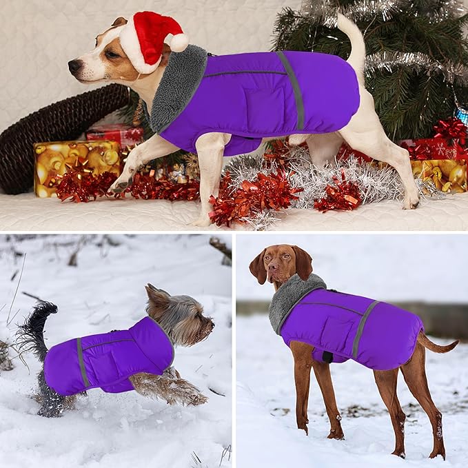 Dogcheer Warm Dog Coat, Christmas Dog Jacket Waterproof Puppy Winter Coat with Buckles, Reflective Adjustable Pet Snow Jacket Turtleneck Fleece Sweater for Small Medium Large Dogs - Purple, 3XL