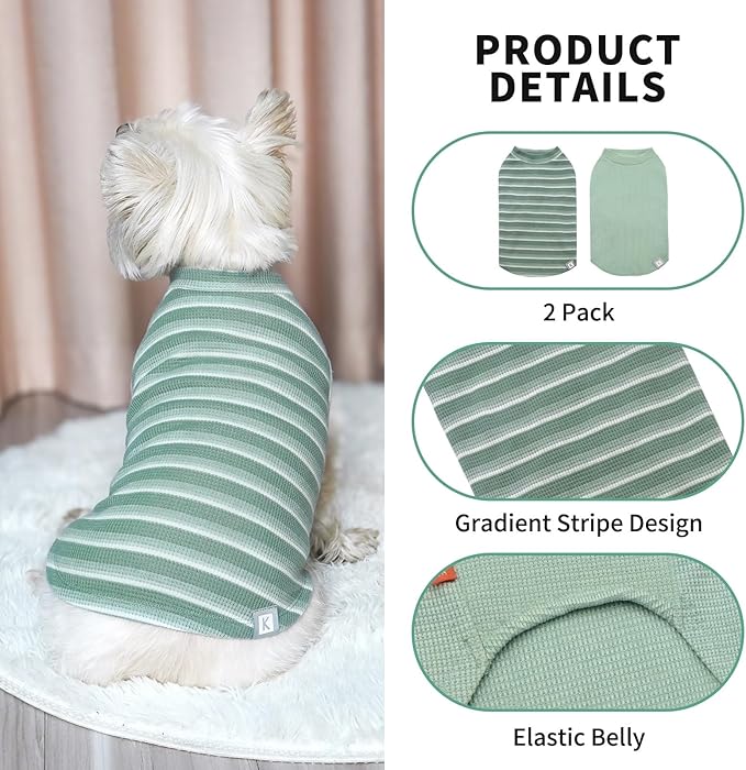 KYEESE 2Pack Waffle Dog Shirts for Small Dogs Stretchy T-Shirts Lightweight Tank Top Sleeveless Striped Vest Breathable Pet Tee, X-Large, Green+Striped