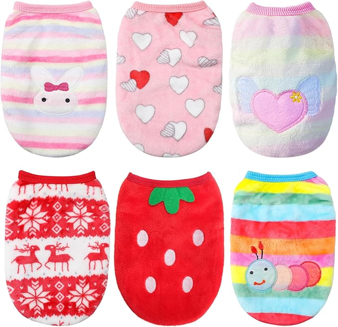 6 Pcs Puppy Clothes for Christmas Winter Warm Cute Pet Sweaters Flannel Dog Vest Paw Print Cat Clothes for Chihuahua Dachshunds Male Female Puppy(Animal Pattern,XS(Body Length:7.9” Chest:11.8”))