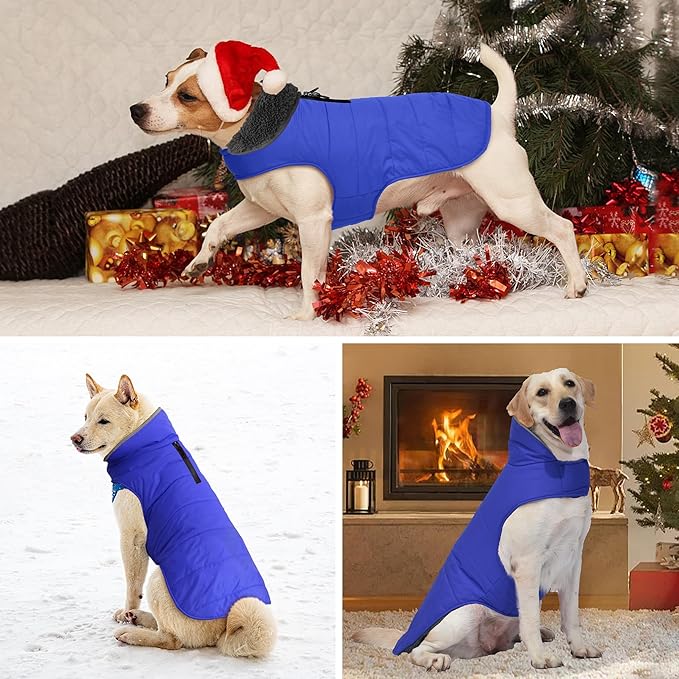 Dog Winter Coat, Waterproof Dog Jacket with Leash Hole, Reflective Adjustable Pet Snow Vest, Warm Fleece Sweater for Small Medium Large Dogs - Blue, L