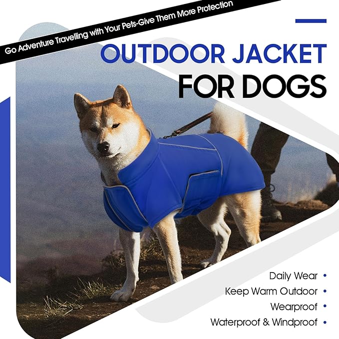 ROZKITCH Dog Snowsuit Raincoat Jacket, Waterproof Rain Jacket with Fleece Liner and Leash Hole Reflective Strip for Medium Large Dog, Adjustable Poncho Vest for Outdoor Hiking Travel Blue XL