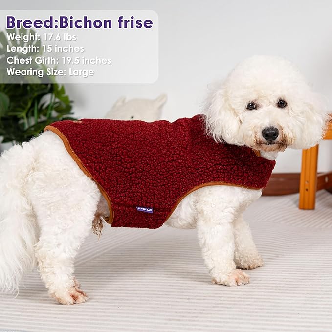 cyeollo Warm Dog Coat Fleece Sherpa Winter Sweater Coats, Turtleneck Dog Jacket Vest for Small Medium Large Dogs with Leash Hole, Soft Reversible Pet Coats for Cold Weather, Burgundy, L