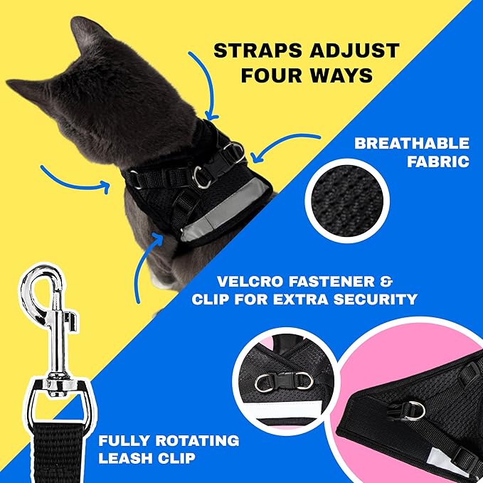 Travel Cat Harness and Leash Set - Adjustable Fit Mesh Cat Harness and Reflective Strap - Comfort Walking Vest for Kitten for Outdoor Walking, Hiking (Extra Small, Black)