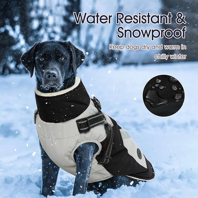 IECOii Dog Coat with Harness Built in - Black, Large - Waterproof Winter Coat, Fleece Lined Snow Jacket for Dogs