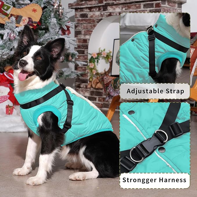 Dog Jacket with Harness,Fleece Lined Warm Puppy Coat for Winter,Soft Windproof Large Dog Vest,Bluegreen XXXL