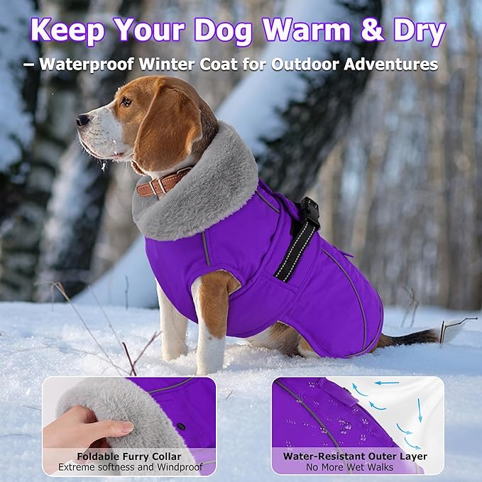 Dogcheer Dog Coat with Pocket, Waterproof Dog Jacket with Adjustable Buckle, Reflective Puppy Winter Coat Warm Turtleneck Fleece SnowJacket for Small Medium Large Dogs - Purple L