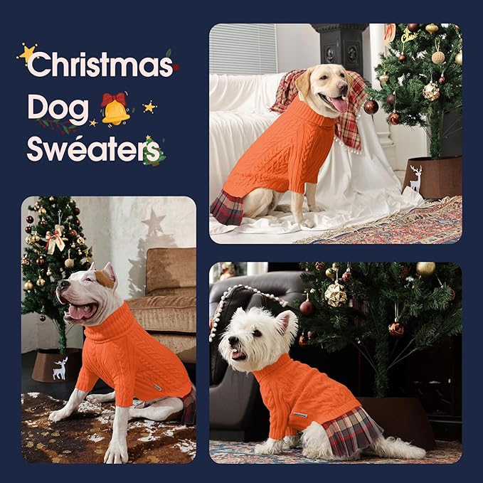 IECOii Girl Dog Sweater Dress - Cable Knit Dog Sweater for Medium Dogs Girl, Orange, Large - Turtleneck Winter Sweaters with Leash Hole, Soft & Stretchy Adorable Dress for Thanksgiving Christmas Photo