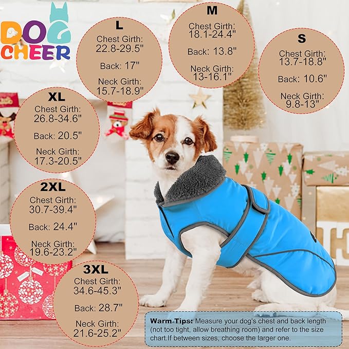 Dogcheer Dog Coat, Waterproof Dog Jacket Reflective Pet Winter Coat with Adjustable Hook & Loop, Christmas Puppy Fleece Jacket Warm Turtleneck Snowsuit for Small Medium Large Dogs - Sky Blue, S