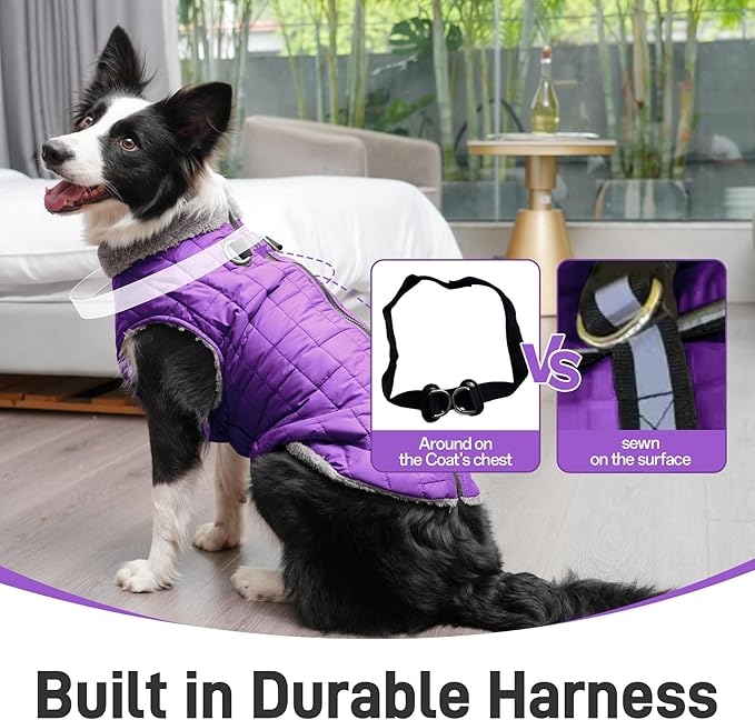 Warm Fleece Dog Coats with Durable Harness Buitl in D-Ring,Waterproof Doggie Jacket for Medium Dogs,Dog Vest for Cold Winter,Purple XL