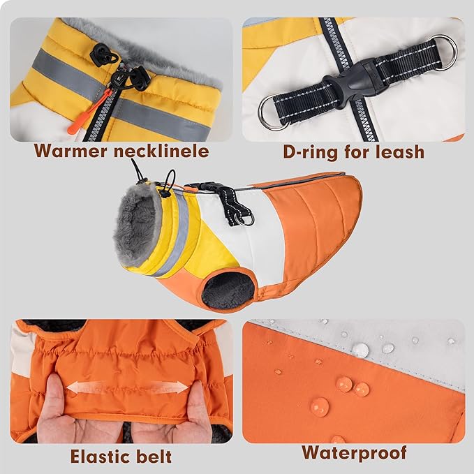 azuza Dog Jacket for Medium Dogs Waterproof Dog Coat with Reflective Strips and Harness Built in Warm Fleece Dogs Winter Coat Windproof with Back Zipper, Orange 2XL