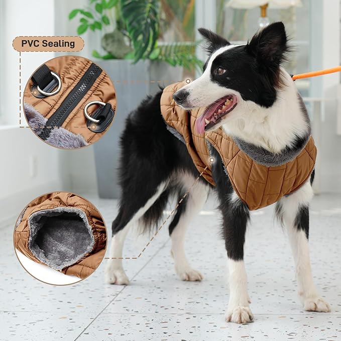 Warm Fleece Dog Coats with Durable Harness Buitl in D-Ring,Waterproof Doggie Jacket for Medium Dogs,Dog Vest for Cold Winter,Burnished Khaki XL