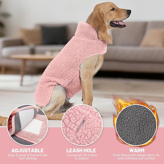 cyeollo Sherpa Dog Coat Turtleneck Reversible Fleece Vest Sweater Thick Pet Clothes for Cold Weather Winter Jacket Warm Dog Coats for Medium Large Dogs, Pink XXL