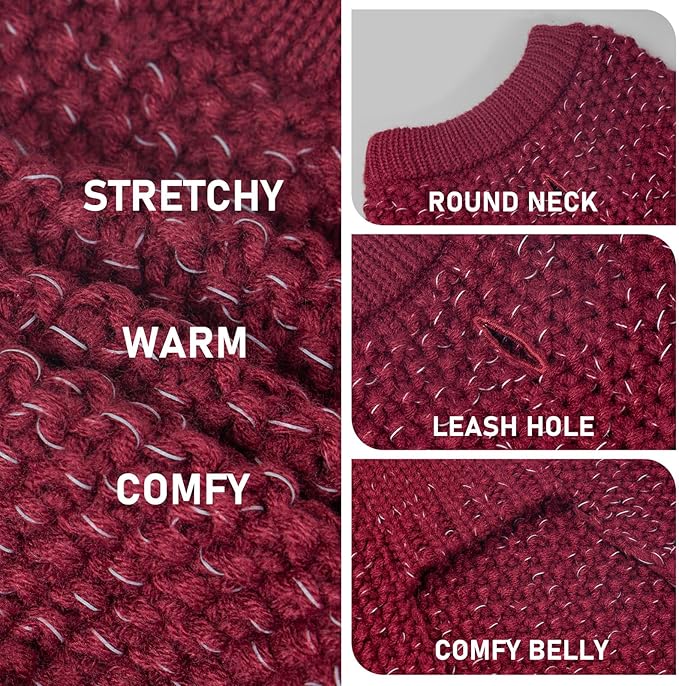 KYEESE Dog Sweater with Leash Hole Warm Pullover with Reflective Yarn for Small and Medium Dogs Male Soft Knit Pullover Boy Dog Coats Cozy Lightweight Thick Sweater,Dark Red,Medium