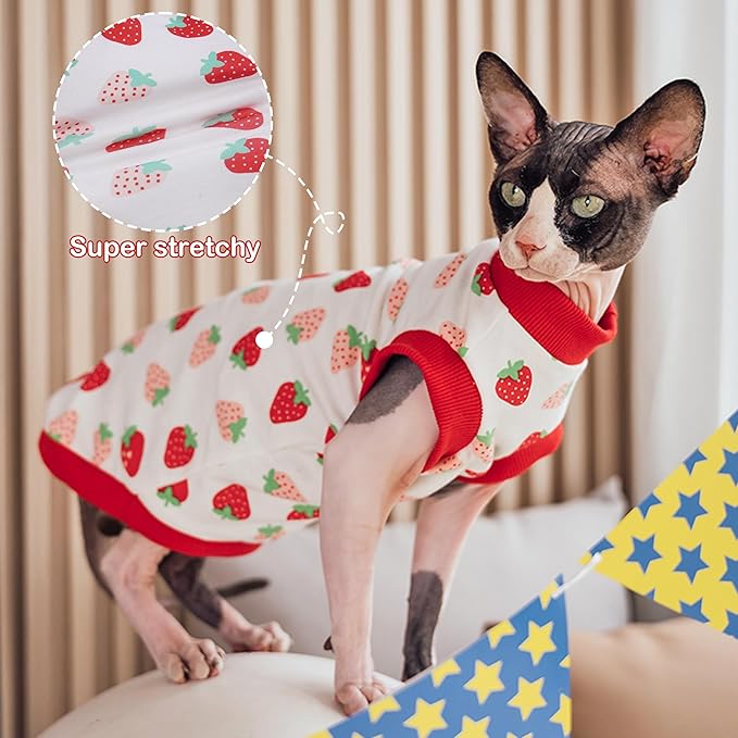 PUMYPOREITY Sphynx Cat Clothes: Stretchy Sweater, Soft Shirt, Pullover Pajamas, Turtleneck for Sphynx, Cornish Rex, Devon Rex Cats - Red, XL