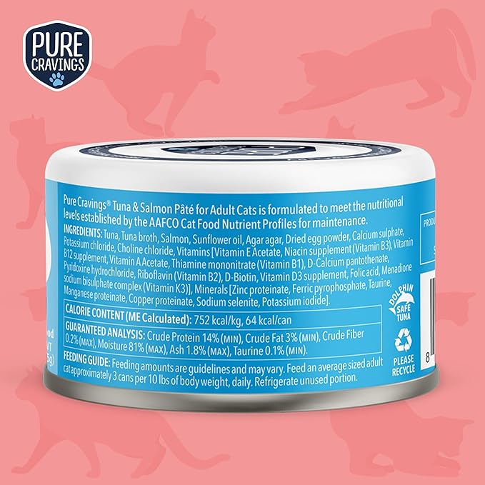 Pure Cravings Tuna and Salmon Pate, Canned Wet Cat Food, 100% Mercury-Tested, Moist Can Fish, Grain-Free Protein, Non-GMO, 12 Pack