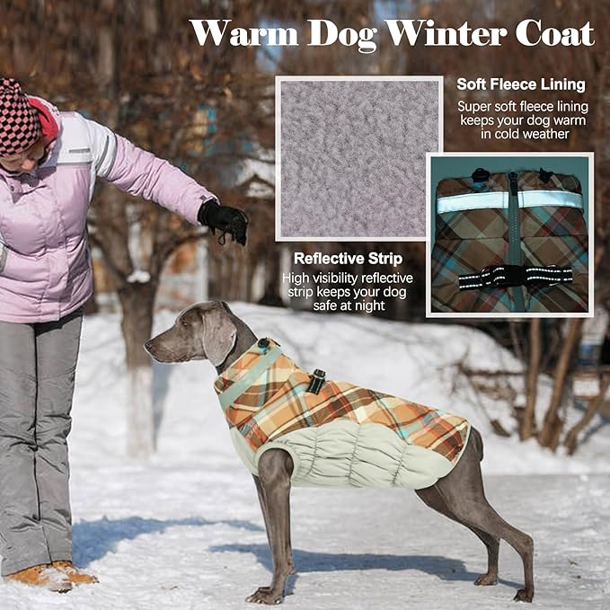 Lelepet Warm Dog Winter Coat Dog Coats for Large Dogs Waterproof Dogs Jacket with Harness Built in Reflective Cold Weather Coats Windproof Zip-Up Winter Fleece Vest Snowsuit Pitbull Brown Plaid XXL