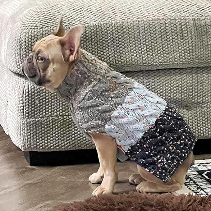 KYEESE Dog Sweater Color Block with Fuzzy Thread Knitted Turtleneck Dog Knitwear with dots in a Variety of Colors for Small Dogs Fall Winter Dogs Clothes, Navyblue, L