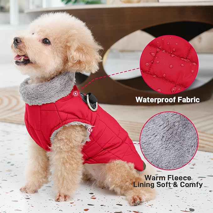 Warm Fleece Dog Coats with Durable Harness Buitl in D-Ring,Waterproof Puppy Jacket for Small Dogs,Dog Vest for Cold Winter,Red M