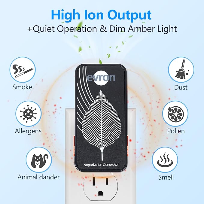 Air Ionizers for Home, Ultra-Thin Filterless Plug-In Negative Ion Generator, Foldable Plug & Dim Amber Light, 20M Ions/Sec, Up to 400 sq ft Coverage (6, Black)