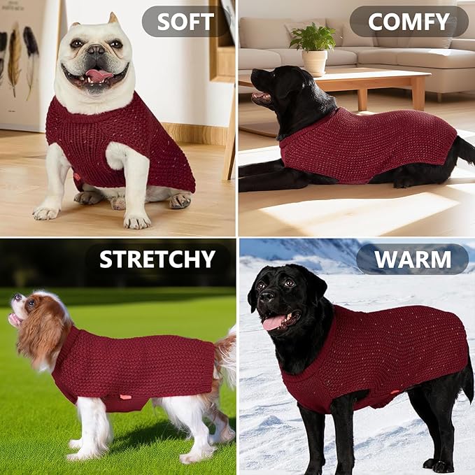 KYEESE Dog Sweater with Leash Hole Comfy Pullover Sweater Medium Size Male with Reflective Yarn Warm Pet Coats Stretchy Cozy Lightweight Thick Knitwear Dog Clothes,Dark Red, X-Large