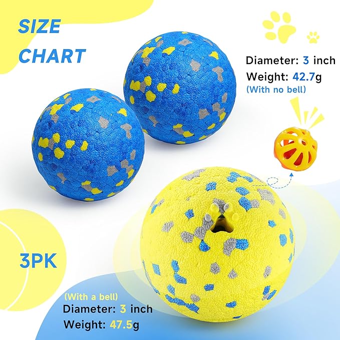 3PCS Dog Balls, Indestructible Dog Toys with Bell, Tennis Balls for Aggressive Chewers, Dog Teething Chew Toys for Small/Medium/Large Breeds(3 Inch)