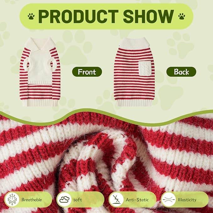 Small Dog Sweater, Knitted Striped Pullover Dog Clothes for Cold Weather, Thick Warm Cozy Stretchy Sweater for Chihuahua, Bulldog, Dachshund, Pug(Red & White Strip, XXL)
