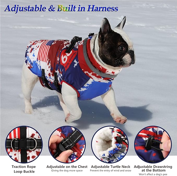 Dogcheer Dog Winter Coat, American Flag Dog Jacket with Harness, Adjustable Puppy Coat with Zipper, Waterproof Pet Fleece Jacket Snowsuit for Small Medium Large Dogs - US Flag XL