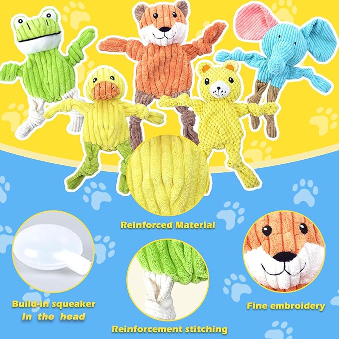 5 Pack Squeaky Dog Toys, No Stuffing Plush Dog Chew Toy Puppy Teething Toys to Keep Them Busy, Chewer Tough Durable Crinkle Interactive Dogs Toy Bundle for Small Medium Large Dogs