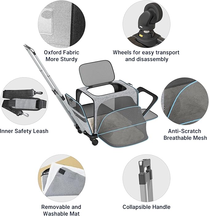 Western Home Expandable Cat Carrier with Wheels Airline Approved, Removable Soft Carrier, Rolling Cat Carrier for Puppy and Kitten with Telescopic Handle Suitable for Traveling/Hiking/Camping