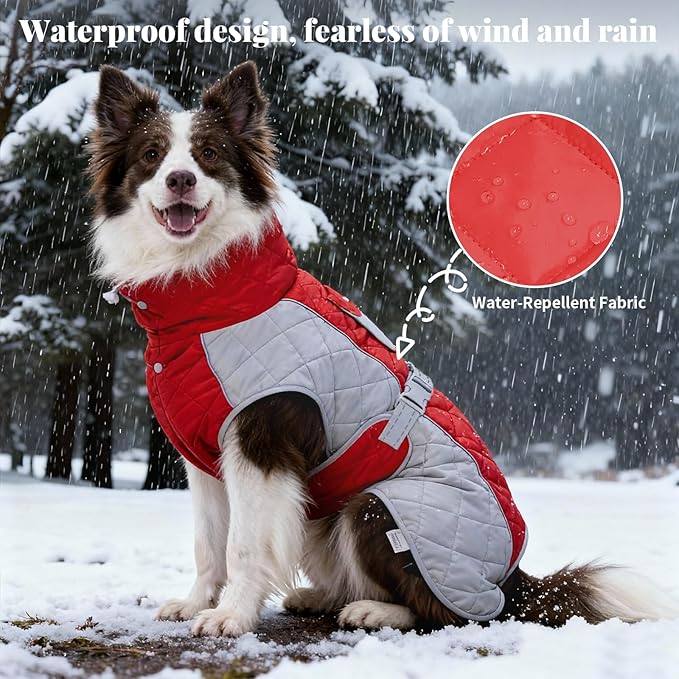 Dog Coat Dogs Winter Coat- Fleece Lined,Water-Resistant,Convertible Collar,Back Reflective Strip&Easy to Wear for Outdoor Walking Dog-Jacket(Red, X-Small)