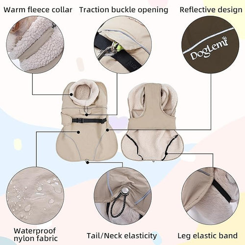 Adjustable Dog Coat with Harness Slot, Waterproof Fleece Lined Winter Jacket, Windproof Reflective Pet Vest for Cold Weather for Small Medium Large Dogs (Beige, X-Large)