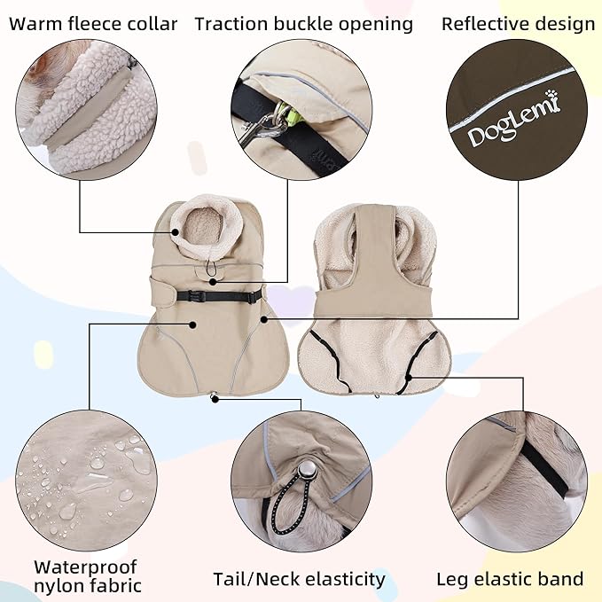 Adjustable Dog Coat with Harness Slot, Waterproof Fleece Lined Winter Jacket, Windproof Reflective Pet Vest for Cold Weather for Small Medium Large Dogs (Black, X-Large)