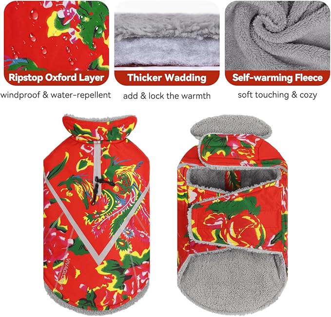 VIVAGLORY Snowrap Dog Coat, Jacket with Harness Hole & Velcro Closure, Dog Coat for Winter & Cold Weather, Fluffy Warm Fleece Lined Reflective Water Resistant for Puppy, S, Northeast Florals-Red