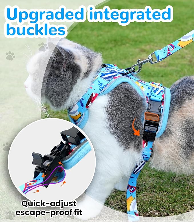 Halypet Cat Harness and Leash Set for Walking, Escape Proof Adjustable Vest Harness with 3-in-1 Integrated Buckles, Easy Control Soft Breathable Mesh with Reflective Strips for Cats, S, Azure Blue