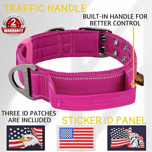 ADITYNA Heavy Duty Dog Collar for Medium Dogs - Reflective Magenta Collar with Handle for Training, and Walking - Wide, Thick, Tactical, Soft Neoprene Padded