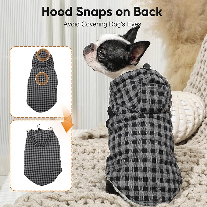 Fleece Lining Dog Hoodie for Medium Dogs Extra Warm Plaid Sweater with Drawstring Hooded Coats in Winter Doggie Jacket,Black XL