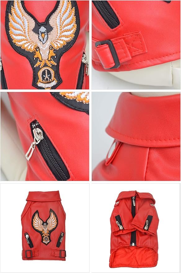 Lovelonglong Cool Dog Leather Jacket, Warm Coats Dogs Windproof Cold Weather Coats for Large Medium Small Dogs with Eagle Embroidery Red L