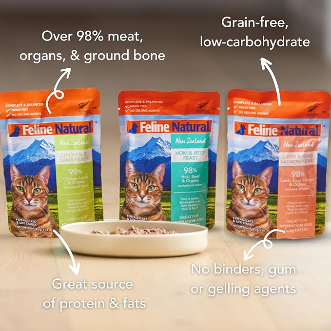Feline Natural Wet Cat Food Variety Pack - Chicken, Lamb, Salmon & Beef Feast, Grain-Free, 3oz Pouches, New Zealand Made, Assorted Single Serve Pates (12 Pack)