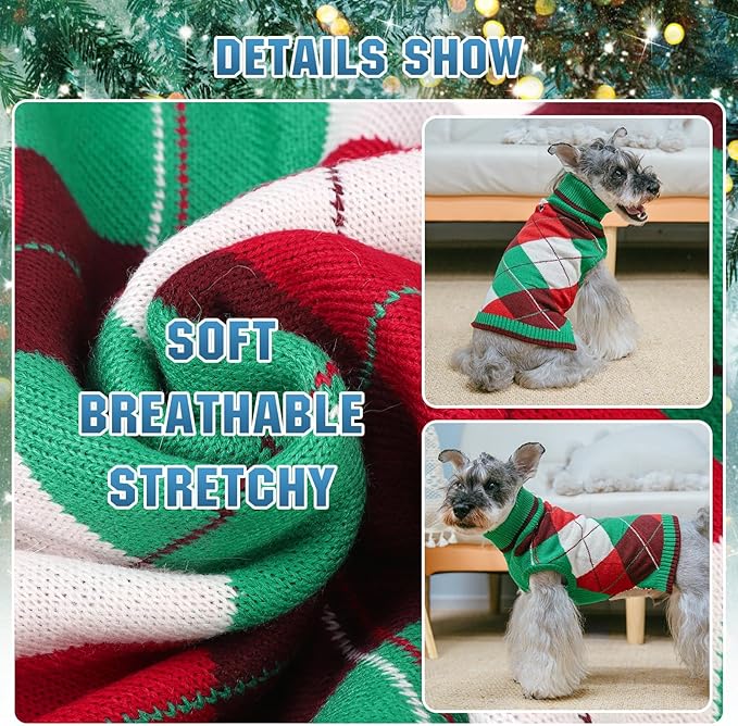 KOOLTAIL Dog Sweaters - Knitted Plaid Turtleneck Fleece with Leash Hole, Warm Clothing for Small, Medium & Large Dogs & Cats