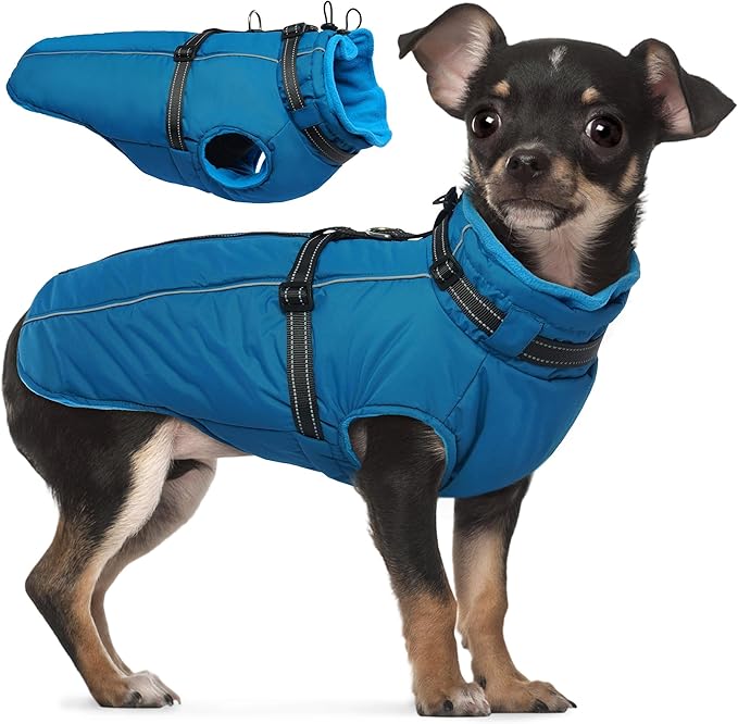 PUMYPOREITY Winter Fleece Coat for Small Dogs, Reflective Dog Jacket with Harness Built in, Waterproof Warm Coat for Dogs, Cold Weather Coats for Outdoor, Therma Windproof Pet Snowsuit, Blue, S