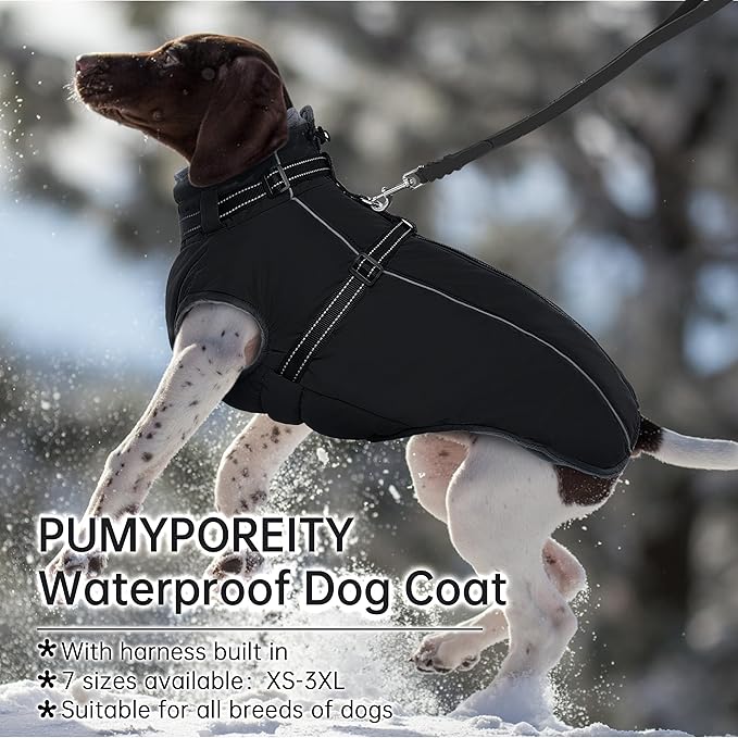 PUMYPOREITY Dog Coat with Harness Built in, Reflective Fleece Jacket, Thick and Warm Winter Coat, Medium Dog Jacket with Zip, Cold Weather Coats for Outdoor, Waterproof Pet Snowsuit, Black, L