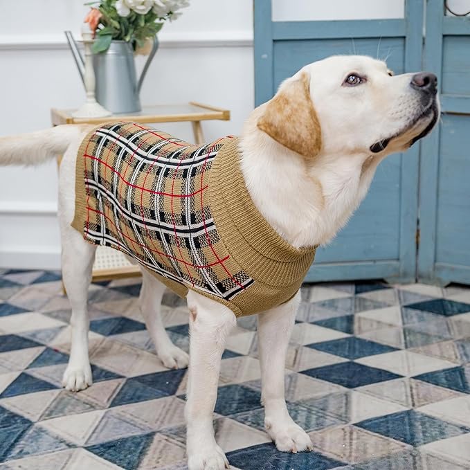 PUPTECK Dog Sweaters for Large Medium Small Dogs - Fall Classic Plaid Style Puppy Holiday Winter Coat Clothes Warm, Cream, XL