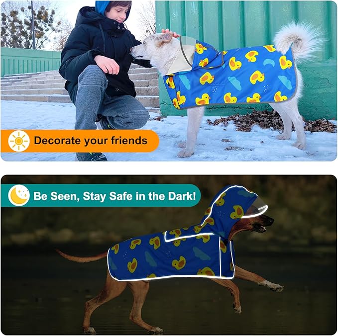 Reflective Dog Raincoat, Waterproof Dog Rain Jacket Hooded Poncho, Adjustable Rain Coat with Storage Pocket for Medium Dogs (Blue, Medium)