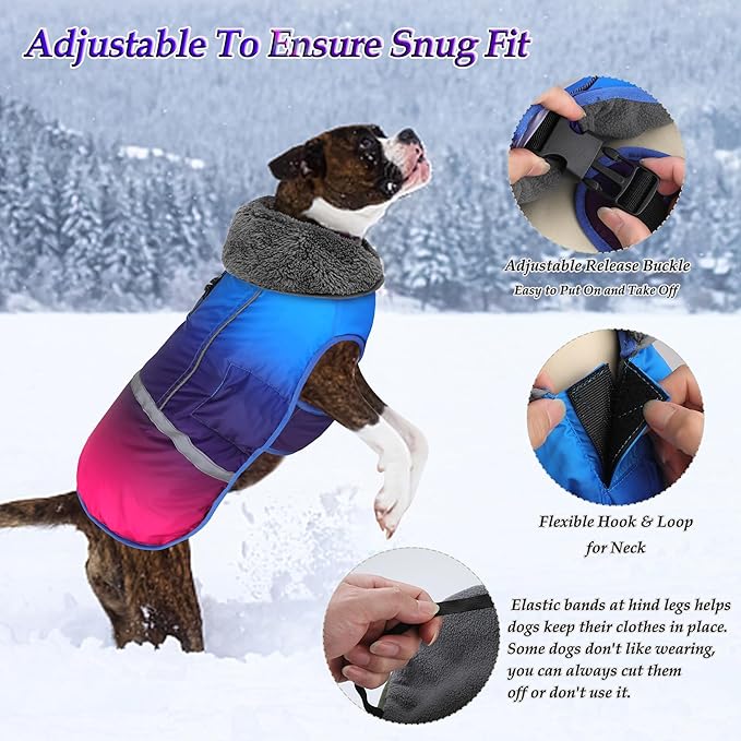 Dogcheer Warm Dog Coat, Waterproof Dog Winter Jacket Christmas Puppy Cold Weather Coats with Buckle, Reflective Adjustable Pet Snow Jacket for Small Medium Large Dogs - Gradient Blue-red, S