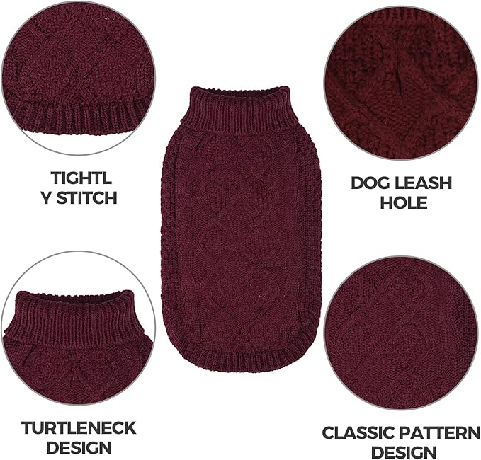 Mihachi Turtleneck Dog Sweater - Winter Coat Apparel Classic Cable Knit Clothes with Leash Hole for Cold Weather, Ideal Gift for Pet in New Year Wine Red Small