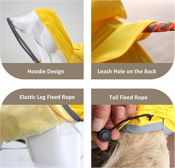 MAMORE Dog Raincoat Waterproof, Lightweight Adjustable Dog Rain Coat Hooded Poncho with Reflective Strip for Large Medium Small Dogs (Yellow, Small)
