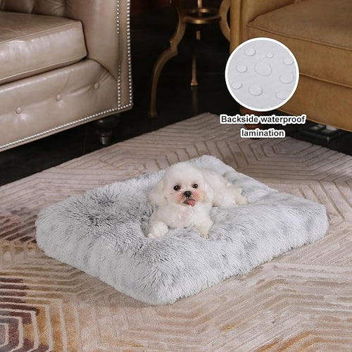 Bedfolks Waterproof Dog Crate Bed, Plush With Removable Washable Cover, Faux Fur Pad for Small Dogs and Cats, Fluffy Kennel 23"x18", Grey