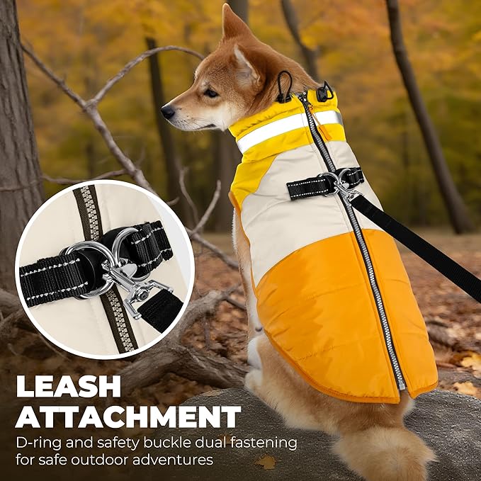 Dog Coats for Medium Dogs, Waterproof Dog Winter Jacket with Harness Built in, Cold Weather Coats, Reflective Zip-up Pet Vest, Warm Fleece Lined Dogs Snowsuit, Orange X-Large