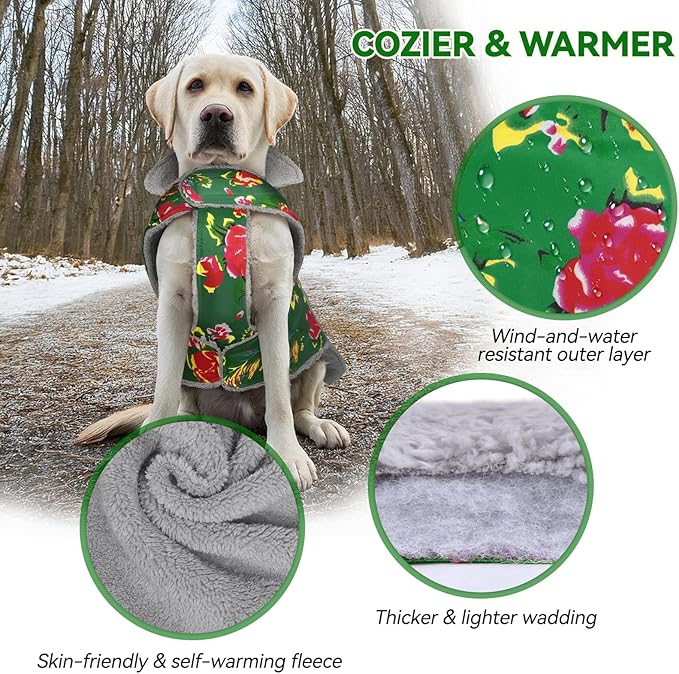 VIVAGLORY Frostfit Dog Coat, Dog Jacket for Winter & Cold Weather, Warm Fluffy Fleece Lined Water Resistant Reflective for Puppy, Coat with Velcro Fastening & Leash Hole, S, Northeast Florals-Green
